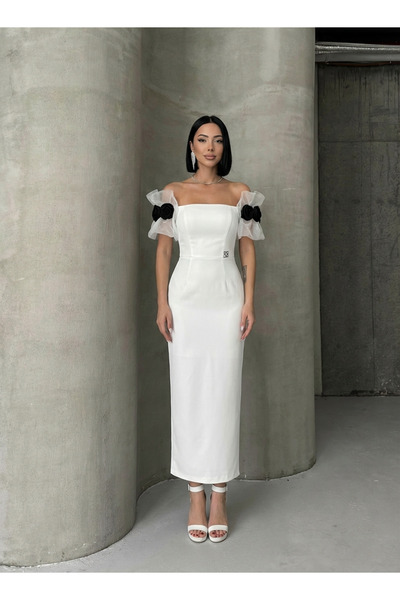 ALFUDO Moda Collection Rose Detailed Tulle Sleeve Evening Dress