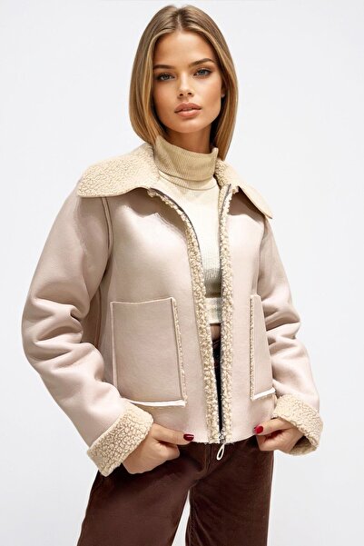 Trend Alaçatı Stili Kadın TAŞ Çift Cepli İçi Suni Kürklü Suni Deri Biker Ceke...