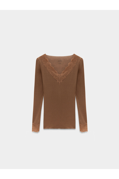 Dilvin 32311 Lace Cashmere Blouse-Dark Mink