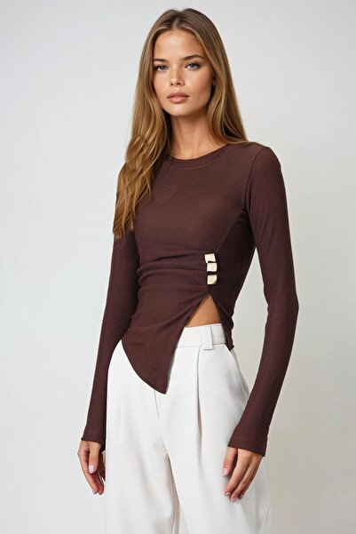 Trend Alaçatı Stili Women's Brown Crew Neck Asymmetrical Cut Accessory Detail...