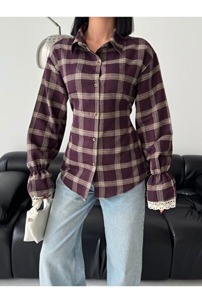 AYKA WEAR Kadın Bileği Dantel Fit Ekose Gömlek