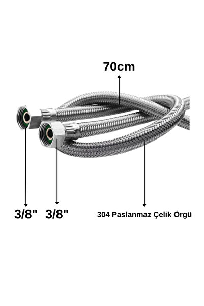 Cisa 70 Cm Paslanmaz Çelik Örgülü Flex Hortum – 3/8"x3/8" Klozet & Taharet Mu...