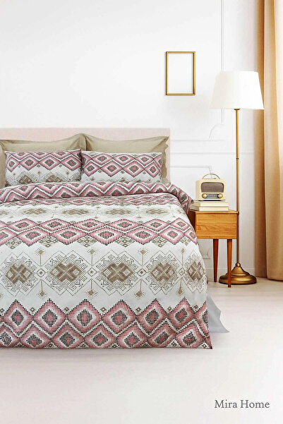 Mira Home Set de lenjerie de pat dublu din bumbac cu model în carouri