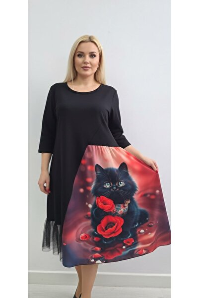 GLAMSI Cat-Print Dress with Lace Inserts