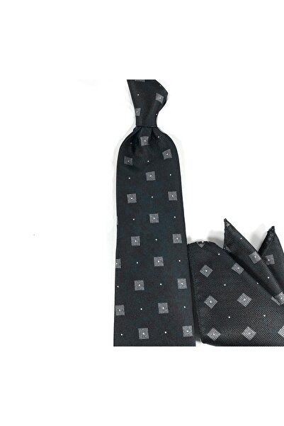 Sade Kravat Siyah Gri Beyaz Kare Desenli Mendilli Kravat 30241 Siyah
