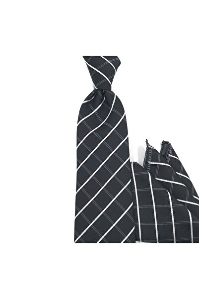 Sade Kravat Siyah Beyaz Kare Çizgili Mendilli Kravat 31119 Siyah