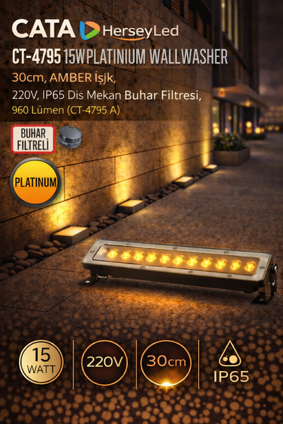 Cata CT-4795 15W Platinium Wallwasher – 30cm Amber Işık, 220V, IP65 Dış Mekan...