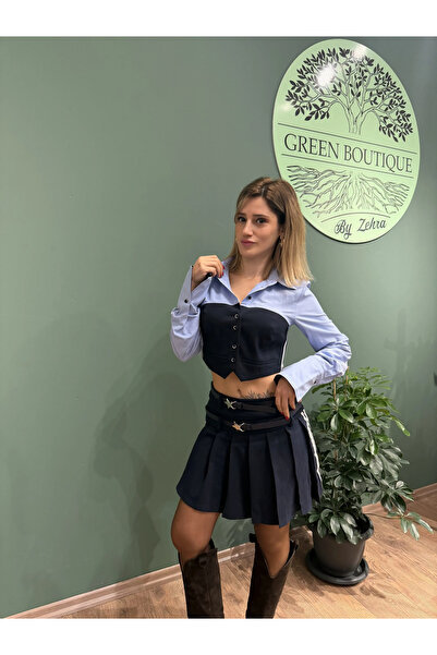 Greenboutique Garni Detaylı Düğmeli Crop Gömlek Mavi