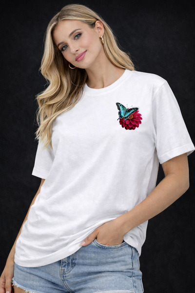 Me&On WEAR تي شيرت نسائي 100% قطن بطبعة الفراشة والزهور مطبوع قصة فضفاضة