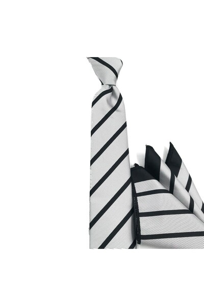 Sade Kravat Grili White Black Striped Thin Tie with Handkerchief 30952 Gray