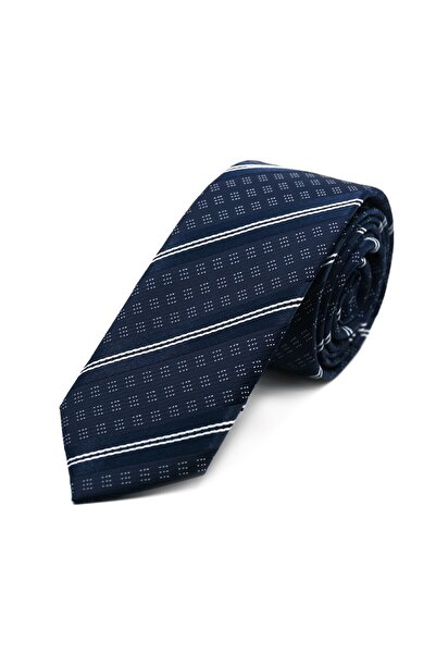 Sade Kravat Lacivert Beyaz Özel Çizgili İnce Kravat 32695 Lacivert