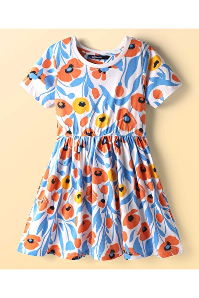 Pine kids Cotton Knit Half Sleeves Frock With Floral Print - Multicolor