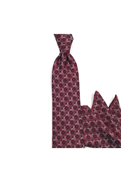 Sade Kravat Bordo Gri Siyah Özel Küçük Desenli Mendilli Kravat 32508 Bordo