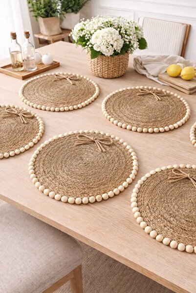 ecrella Hasır Jüt Supla Set Amerikan Servis ahşap boncuk jüt ipli amerikan se...