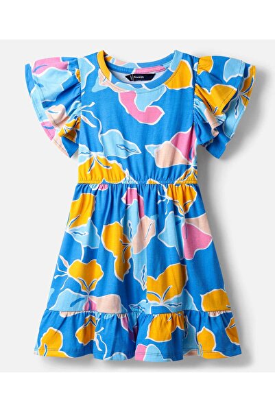 Pine kids Cotton Knit Flutter Sleeves Frock With Floral Print - Blue