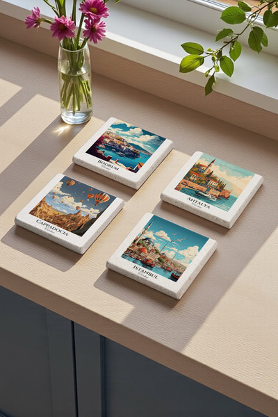 Baumatelier Bodrum, Antalya, Istanbul and Cappadocia Themed Natural Stone Coasters Set of 4