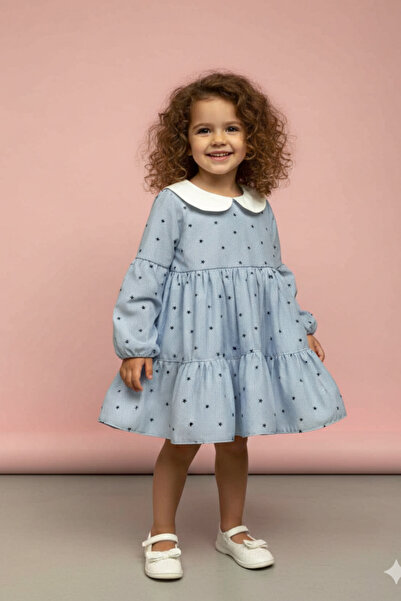 Bertuğ Bebek فستان أطفال بناتي ياقة دائرية بنمط النجوم والخطوط باللون الأزرق
