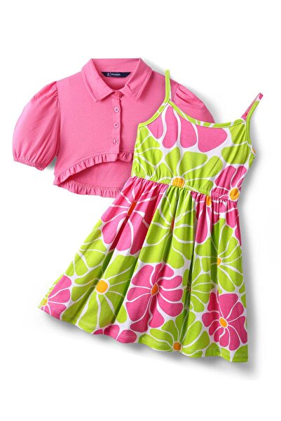 Pine kids Cotton Knit Half Sleeves Jacket & Frock With Floral Print - Pink & ...