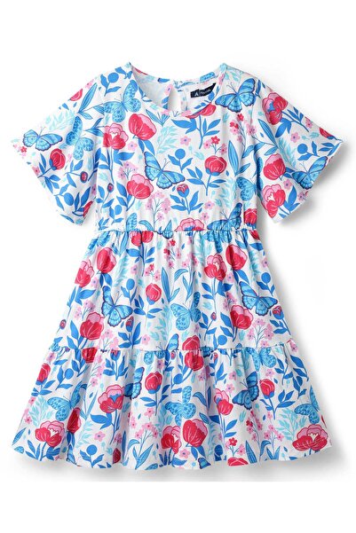 Pine kids 100% Cotton Half Sleeves Floral & Butterfly Printed Tiered Dress - ...