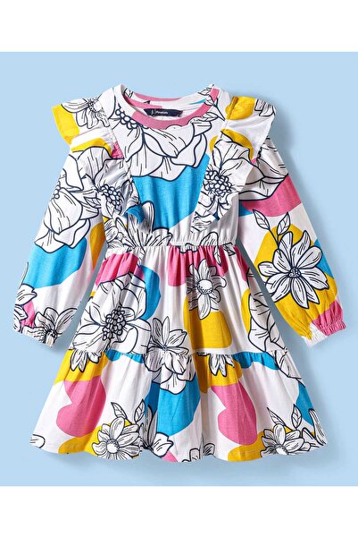 Pine kids Cotton Knit Full Sleeves Layered Frock With Floral Print & Frill De...