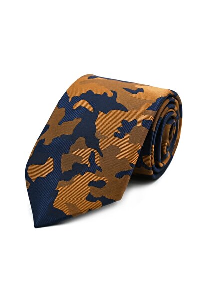 Sade Kravat Gold Mustard Yellow Navy Blue Camouflage Patterned Tie 32474 Gold...