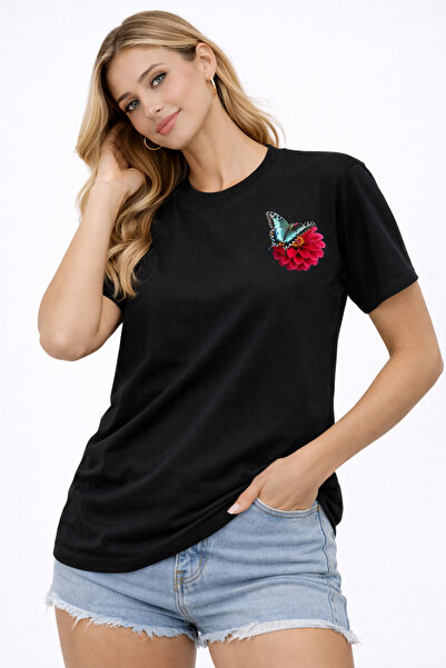 Me&On WEAR تي شيرت نسائي 100% قطن بطبعة الفراشة والزهور مطبوع قصة فضفاضة