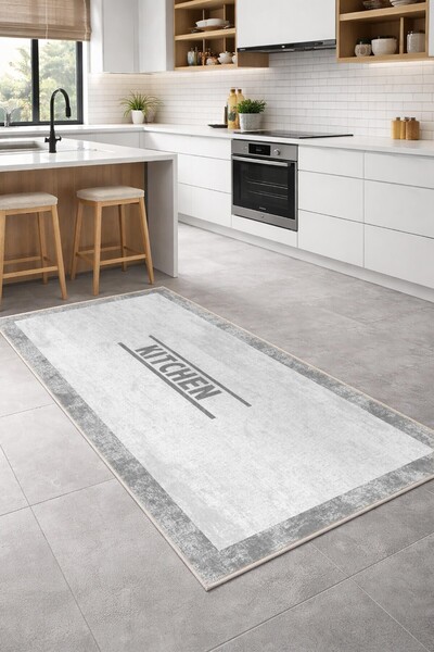VOPTEKS Gri Beyaz Halı Mutfak Halısı Makinede Yıkanabilir Halı Kaymaz Taban Halı