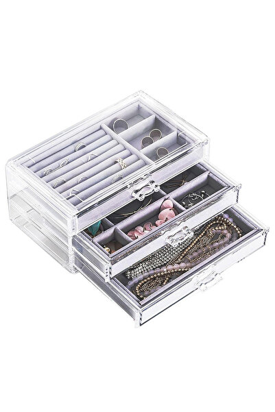GENERIC4 Transparent Acrylic Jewelry Organizer Box with 3 Velvet Trays