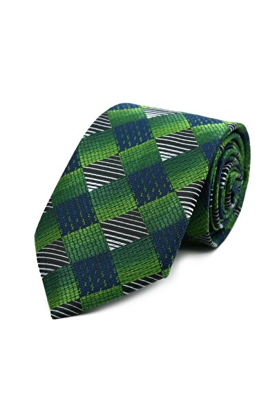 Sade Kravat FIstık Yeşili Lacivert Gri Kareli Ekose Kravat 32754 Fıstık Yeşil