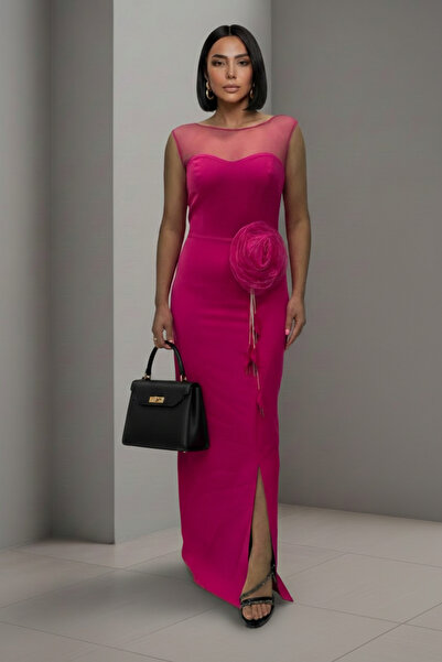 ALFUDO Moda Collection Women's Tulle Collar Floral Detailed Sleeveless Long E...