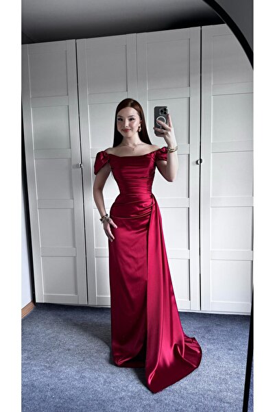 AYŞENUR DİNÇER Balon Kol Saten Abiye Bordo