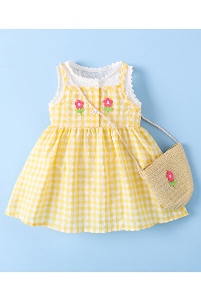 SAPS Floral Patched & Checked Sleeveless Knee Length Dress with Purse - Yellow