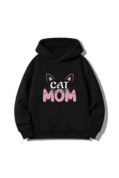 MODA Cat Mom pisică Annesi cu imprimeu Hanorac negru cu glugă tricou