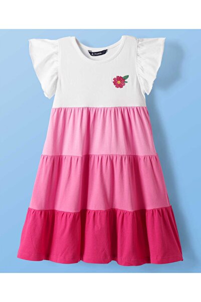 Pine kids Cotton Knit Frill Sleeves Frock With Floral Embroidery - Pink