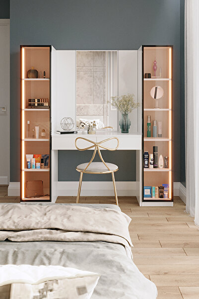 Avmpark Aqua Aynalı Makyaj Masası + İki Cam Kapaklı Dolaplı Işıklı Çekmeceli ...