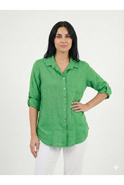 della moor Women's Green Italian Loose Long Linen Shirt Tunic Size 38 - 42