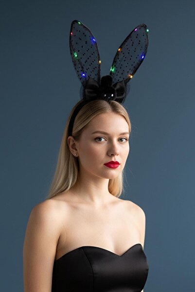 TAKIŞTIR Siyah Renk Tavşan Figürlü Kulak Detaylı Işıklı Taç