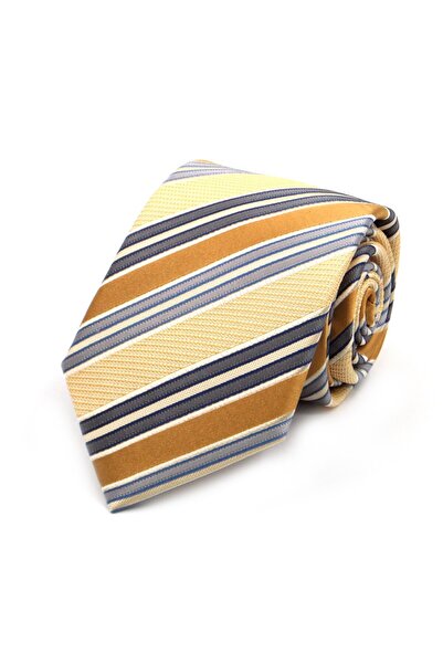 Sade Kravat Yellow Mustard Gray Striped Special Silk Tie 30539 Yellow