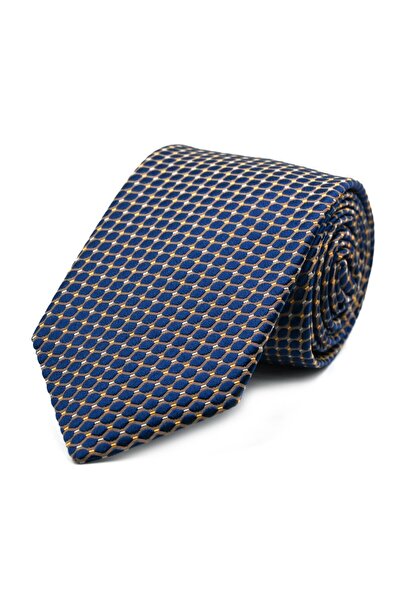 Sade Kravat Navy Blue Yellow Small Dot Patterned Silk Tie 32404 Yellow