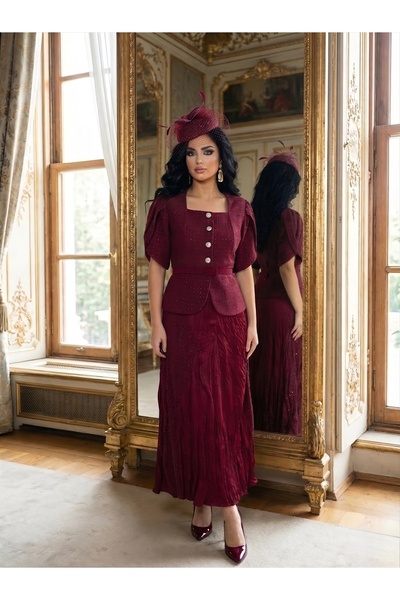 1Moda1Tarz Imported Tweed Fabric Button Detailed Jacket Satin Combination Max...