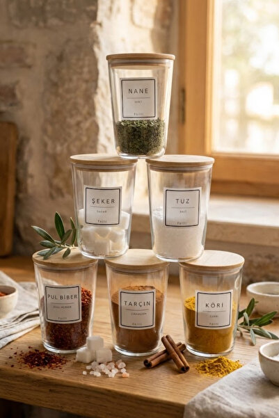 Fhilli Motto Plus - Set of 6 Bamboo Vacuum Lids Labeled Glass Storage Contain...