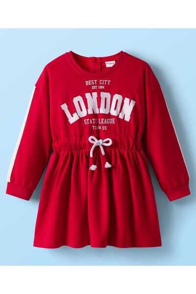 Babyhug Cotton Woven Full Sleeves Winter Frock with London Print & Cinched Wa...