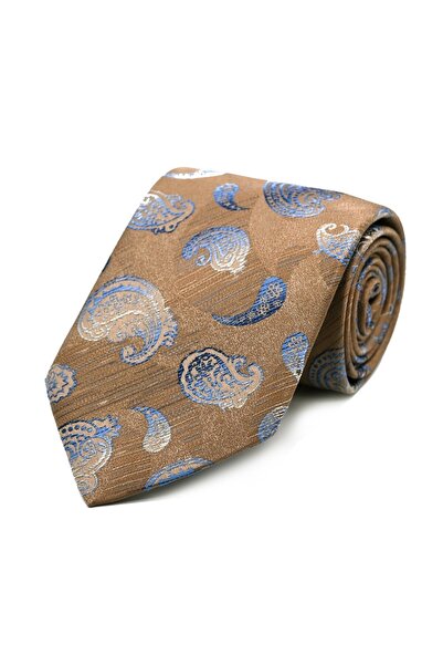 Sade Kravat شال ذهبي بيج أزرق أبيض منقوش بتصميم خاص 32757 ذهبي