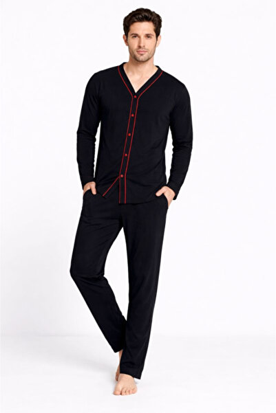 ERCAN BALDO Men's Pajamas with Buttons, Black