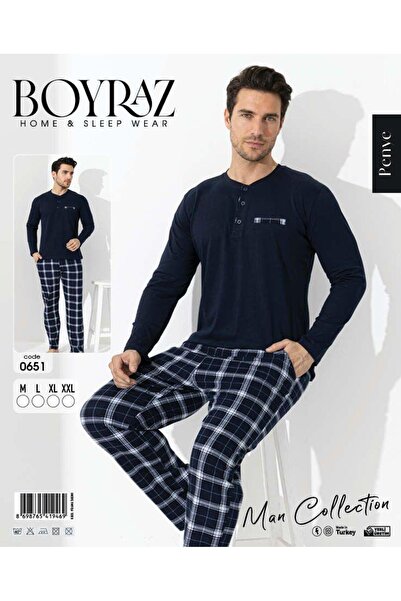 BEYAZTOPTAN Men's Cotton Plaid Buttoned Collar Pajama Set