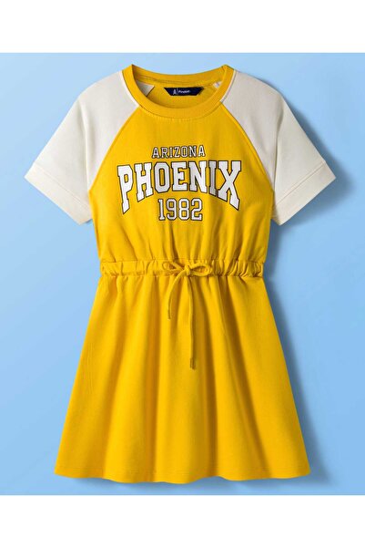 Pine kids Cotton Half Raglan Sleeves Winter Frock with Text Print - Yellow