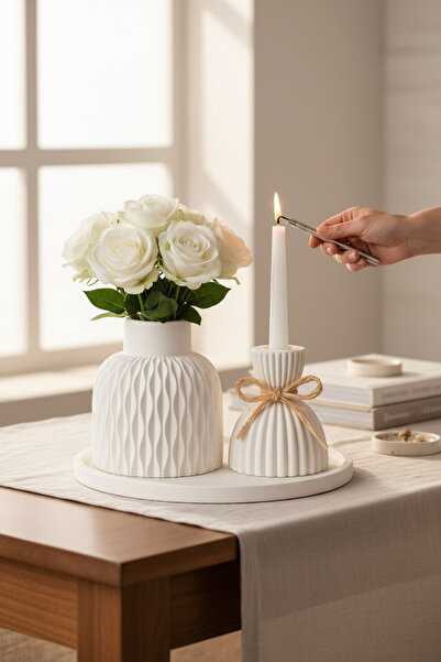 LALEZEN HOME Yuvarlak tepsi & Vazo & Şamdan Set