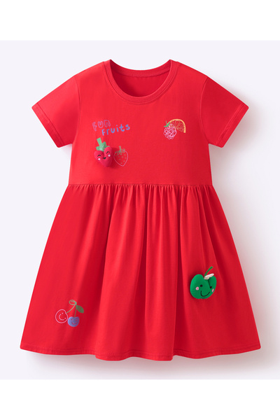 SAPS Fruit Patched and Printed Short Sleeves Knee Length Dress - Red