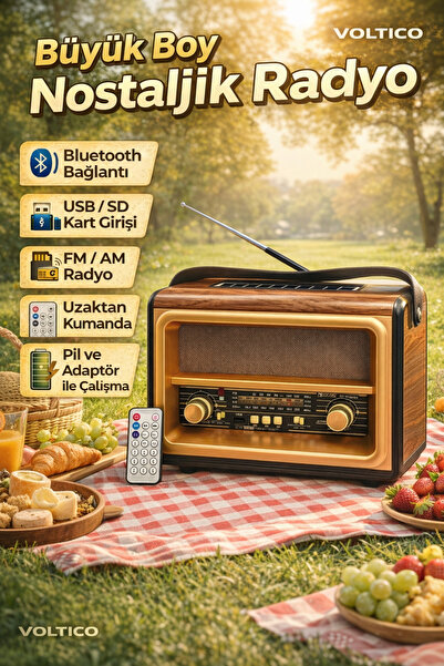 Voltico Büyük Boy Nostaljik Radyo – Bluetooth Özellikli, Uzaktan Kumandalı