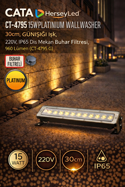Cata CT-4795 15W Platinium Wallwasher – 30cm GÜNIŞIĞI Işık, 220V, IP65 Dış Me...